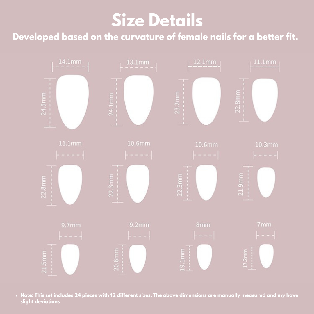 Diagram showing different sizes of nail extensions with measurements on a pink background