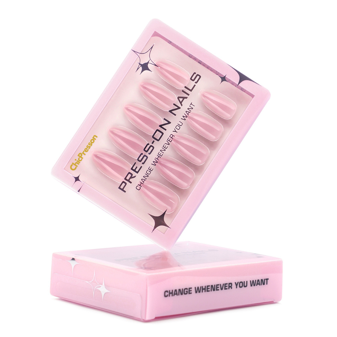 Pink press-on nails set with packaging on a white background