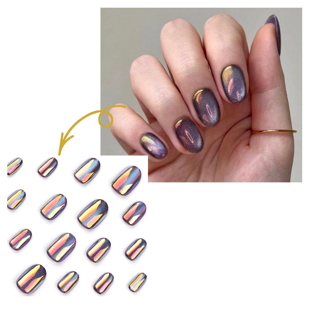 Hand with holographic nail art and inset of nail designs