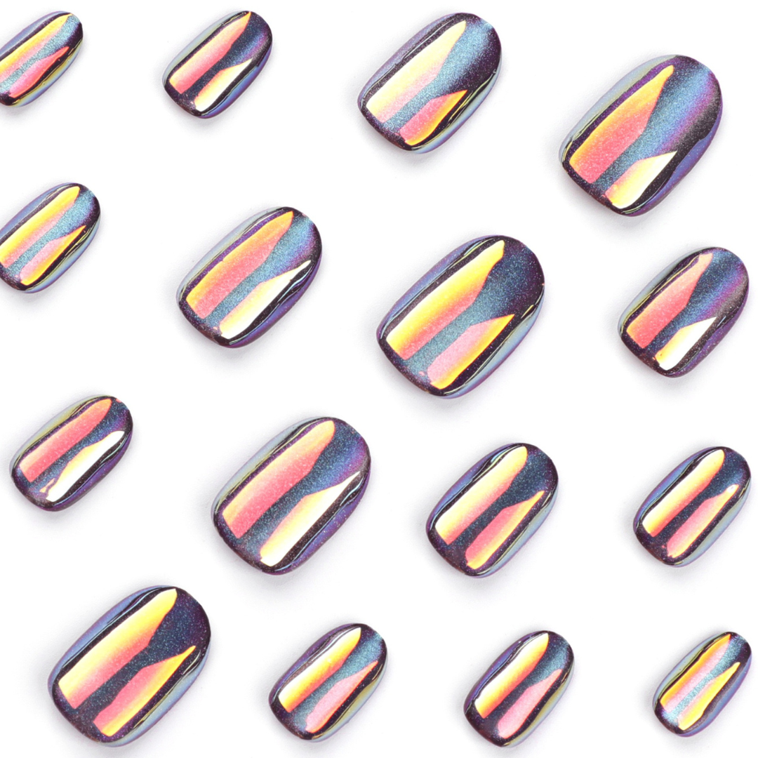 Pattern of multicolored nail art designs on a white background
