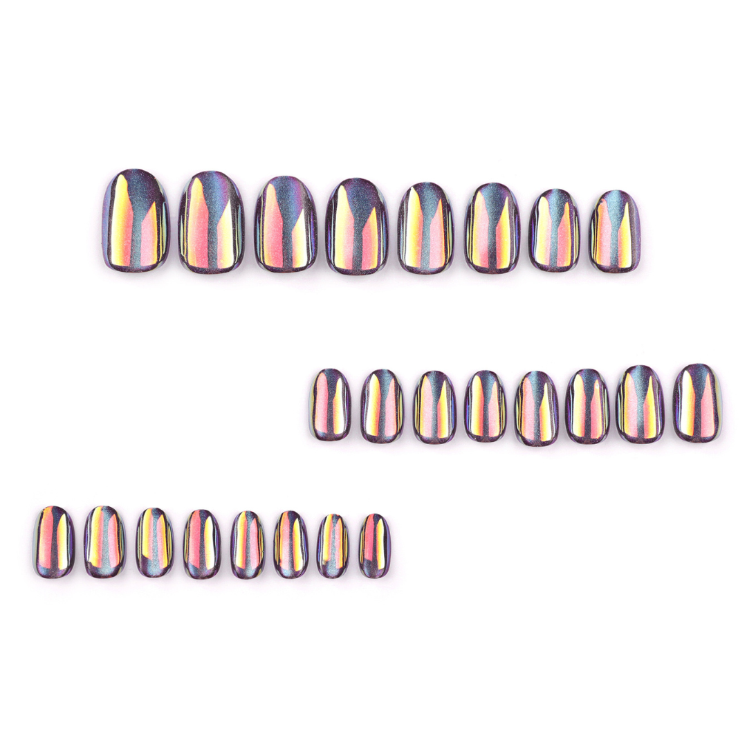 Row of colorful, reflective nail art stickers on a white background