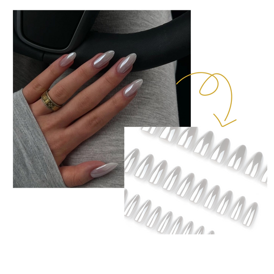Nail extensions with a close-up of hands wearing them and a strip of extensions.