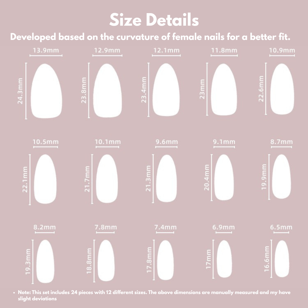 Chart showing different sizes of nail tips with measurements on a pink background