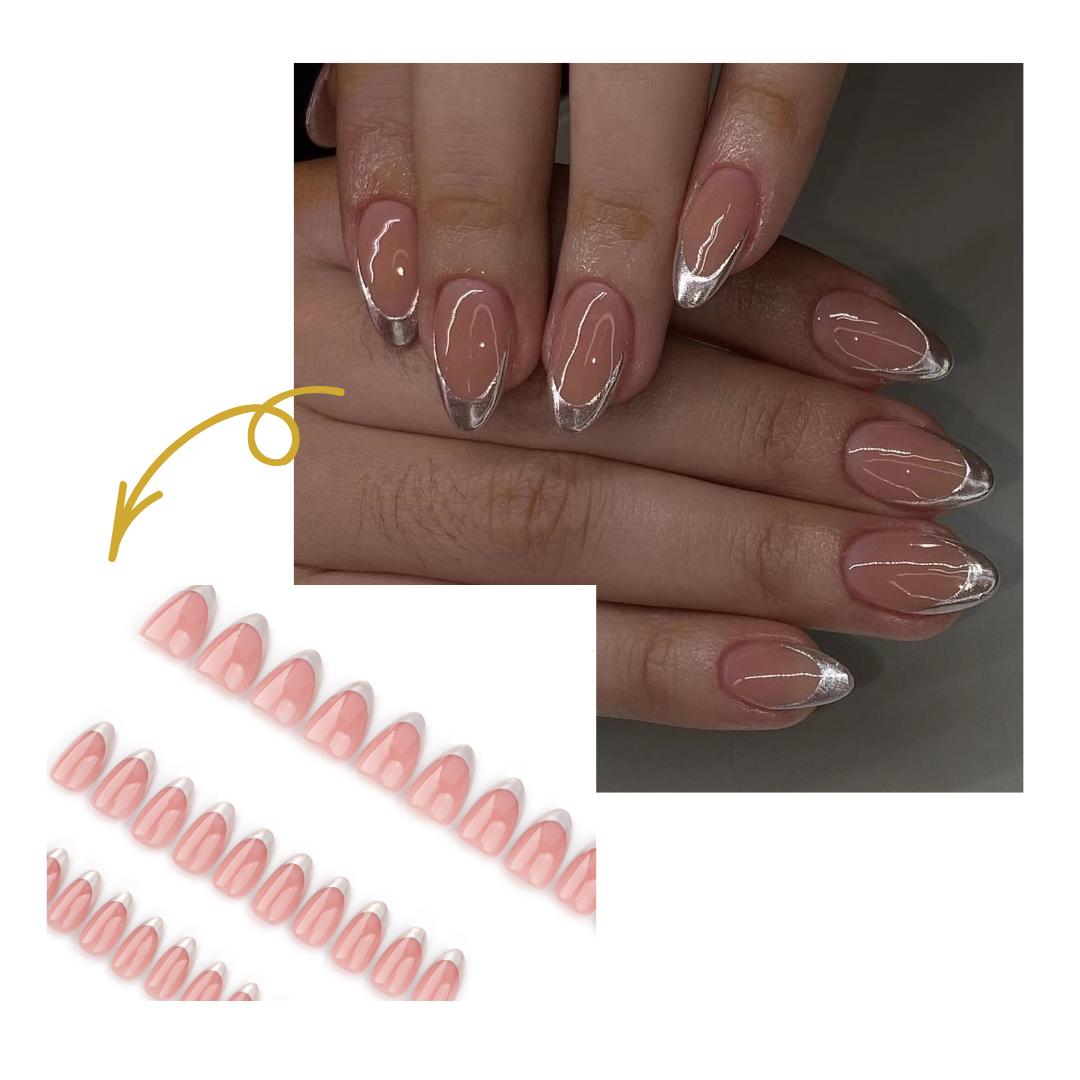 Nail extensions with clear and pink design on a white background