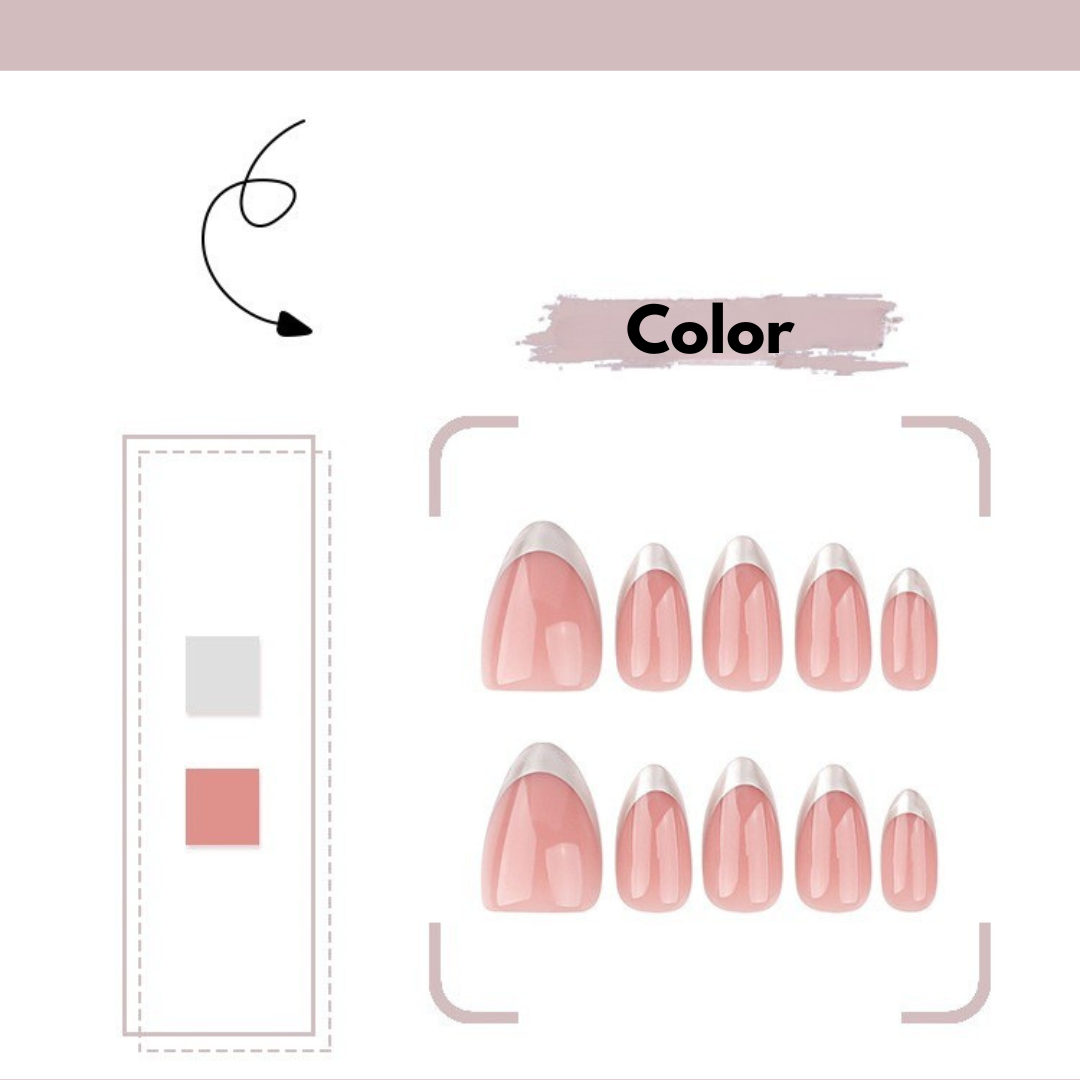 Set of pink and white nail tips with a color swatch on a white background
