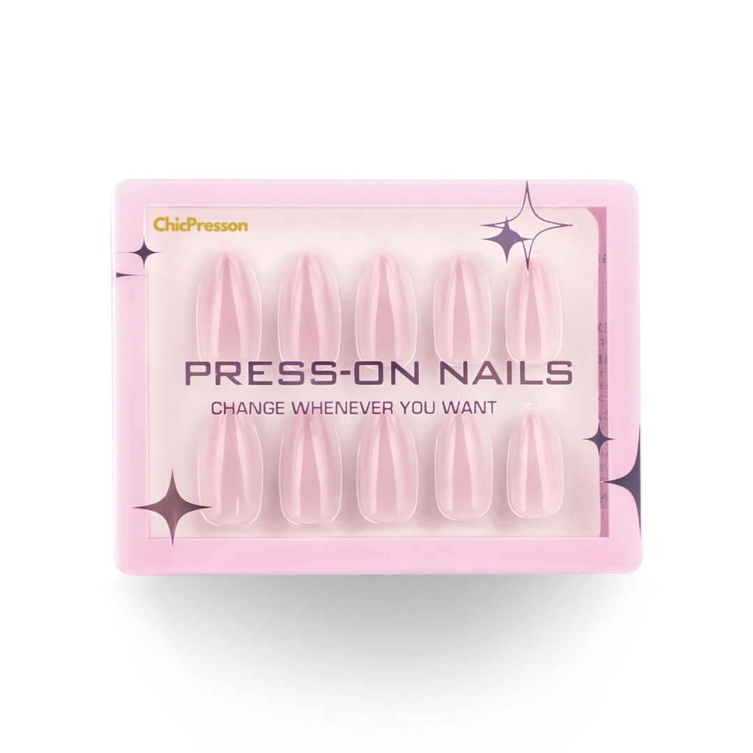 Pack of press-on nails with pink design and 'ChicPresson' branding on a white background