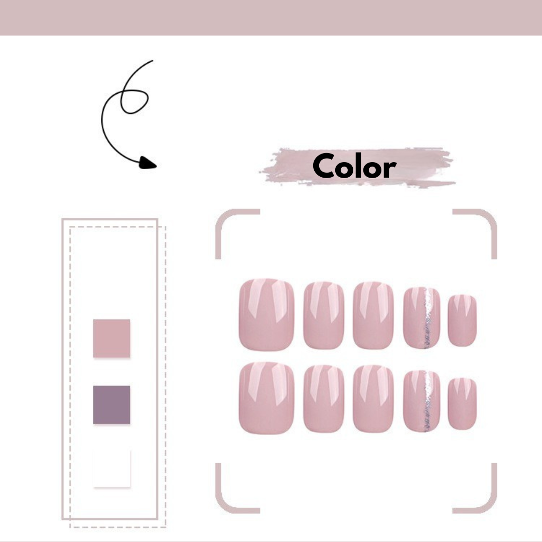 Set of pink nail extensions with color swatches on a white background