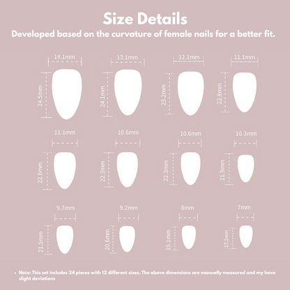 Diagram showing different sizes of nail extensions with measurements on a pink background