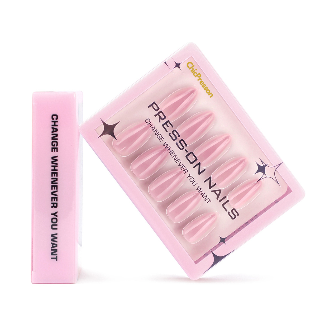 Pink press-on nails with packaging on a white background