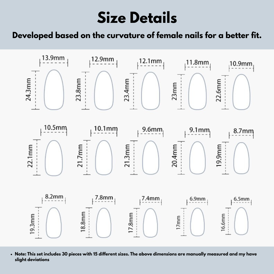 Size chart for nail extensions with dimensions labeled