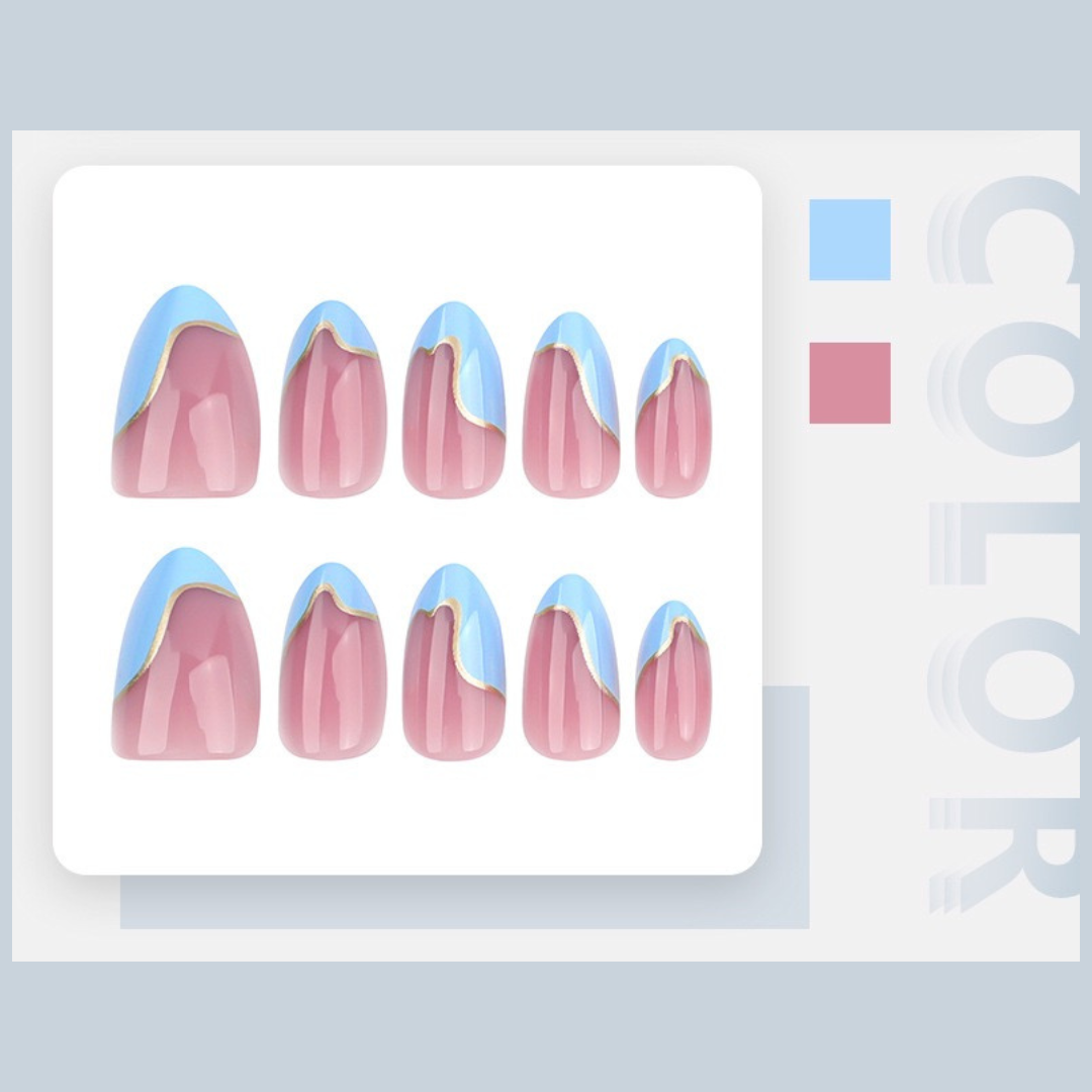 Set of nail art designs with pink and blue accents on a white background