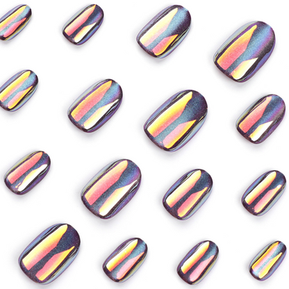 Pattern of multicolored nail art designs on a white background