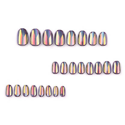 Row of colorful, reflective nail art stickers on a white background