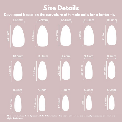 Chart showing different sizes of nail tips with measurements on a pink background
