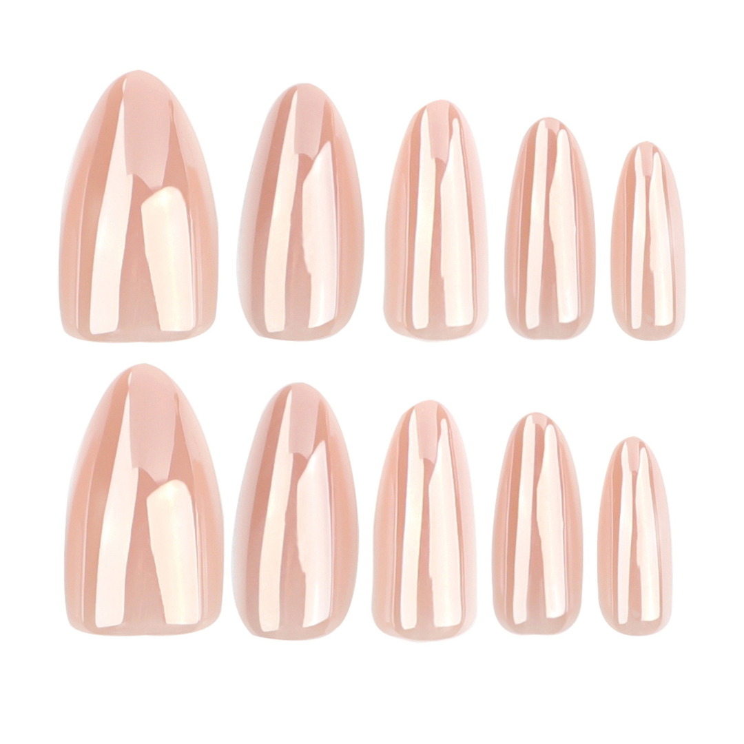 Set of rose gold nail extensions on a white background