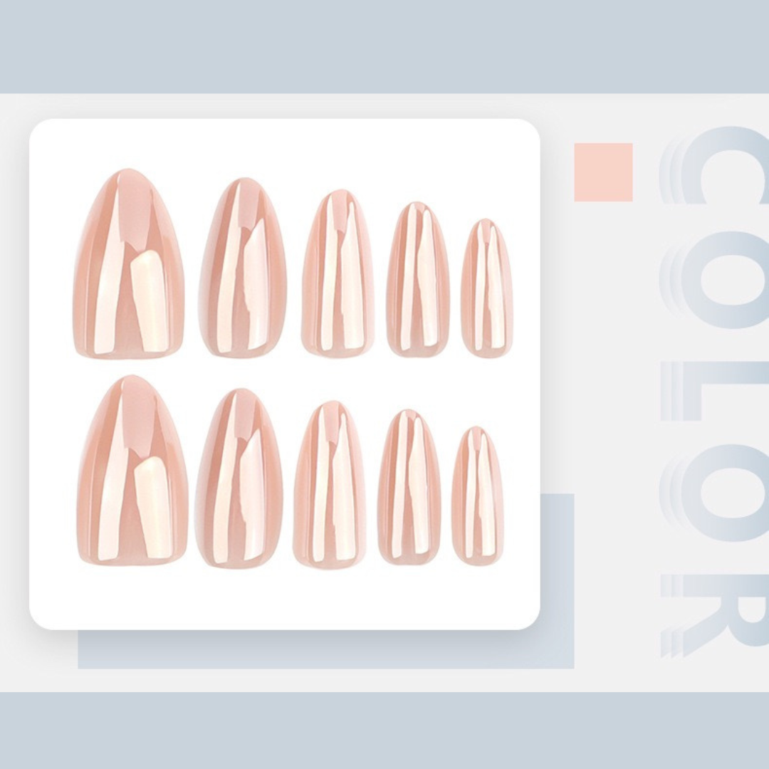 Set of rose gold nail extensions on a white card with 'COLO' branding.
