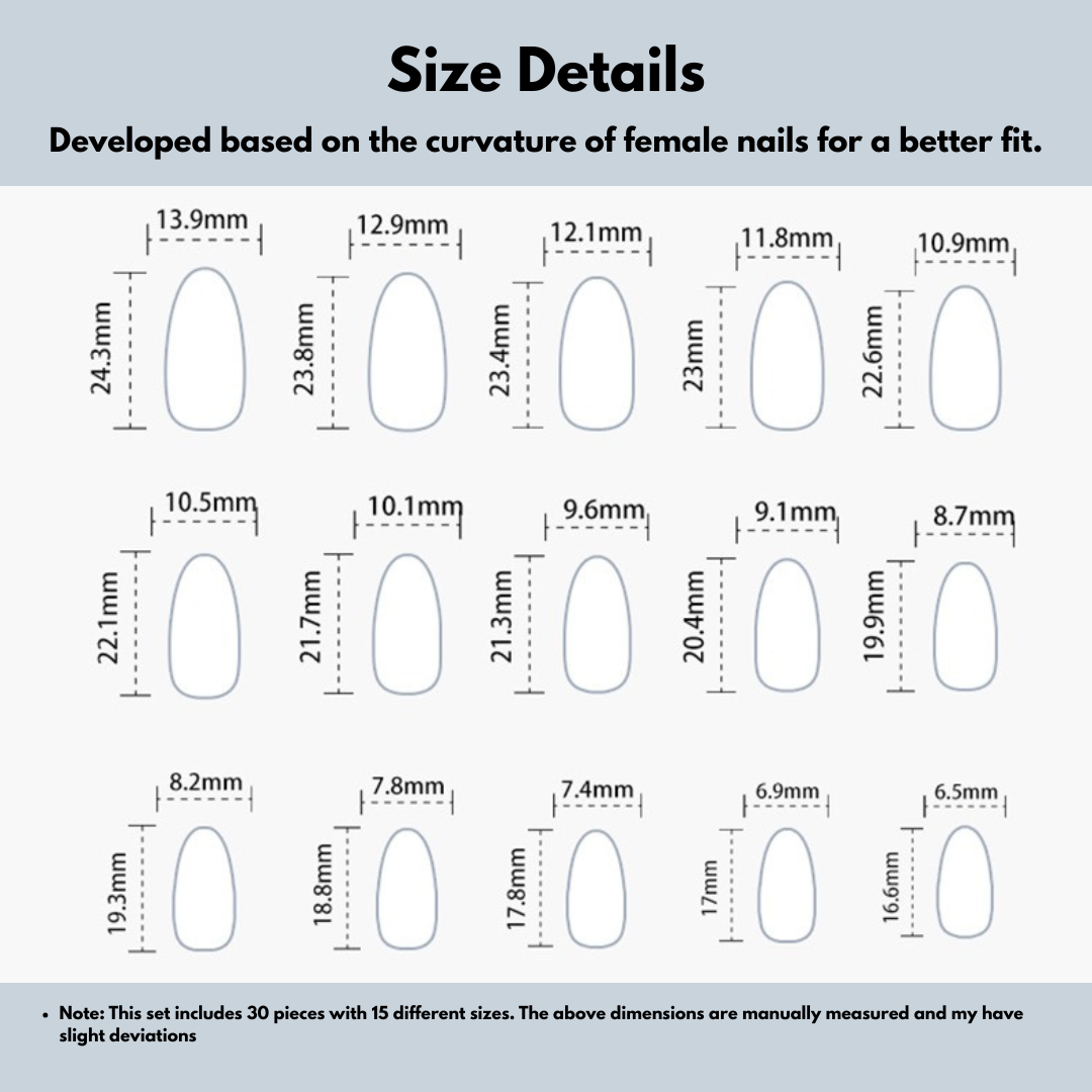 Diagram showing nail extensions with measurements for different sizes.