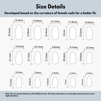Diagram showing nail extensions with measurements for different sizes.