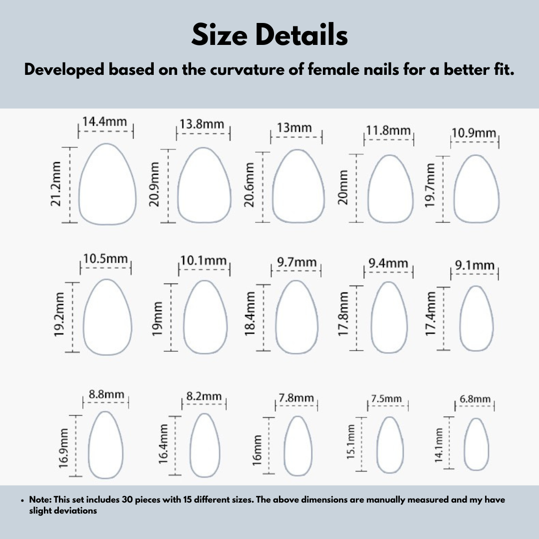 Size chart for nail art tips with dimensions labeled