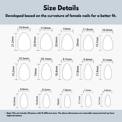 Size chart for nail art tips with dimensions labeled
