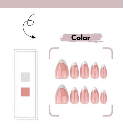 Set of pink and white nail tips with a color swatch on a white background