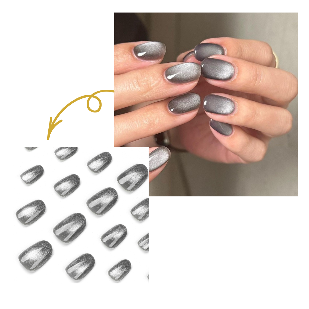 Nail art design with metallic gray nails and a sheet of matching nail extensions.