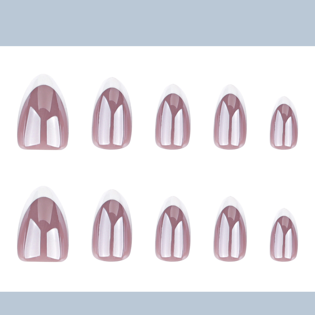 Set of nail art tips with a gradient design on a light gray background
