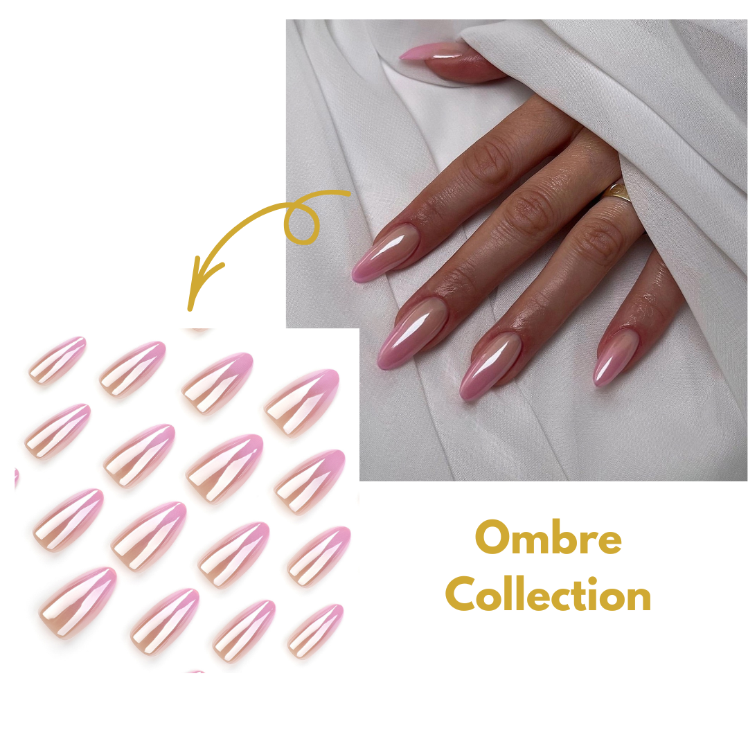 Ombre nail art collection with pink and beige gradient nails on a white background.