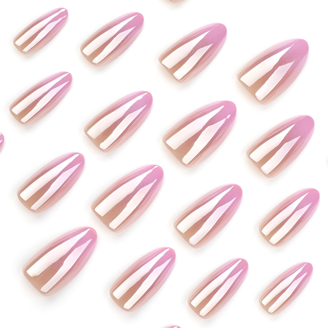 Pattern of pink and brown gradient nail art on a white background