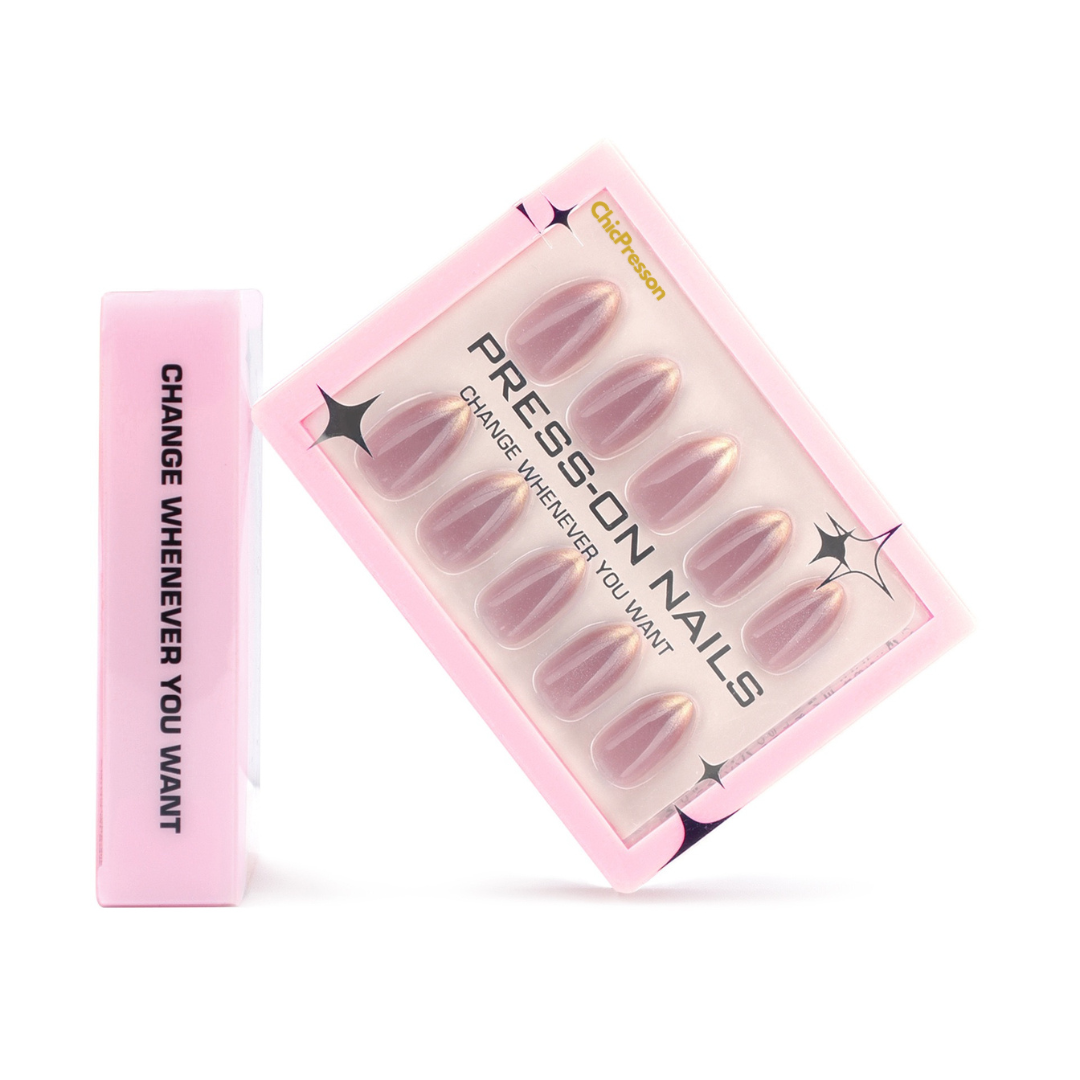 Set of press-on nails in a pink case with text on a white background