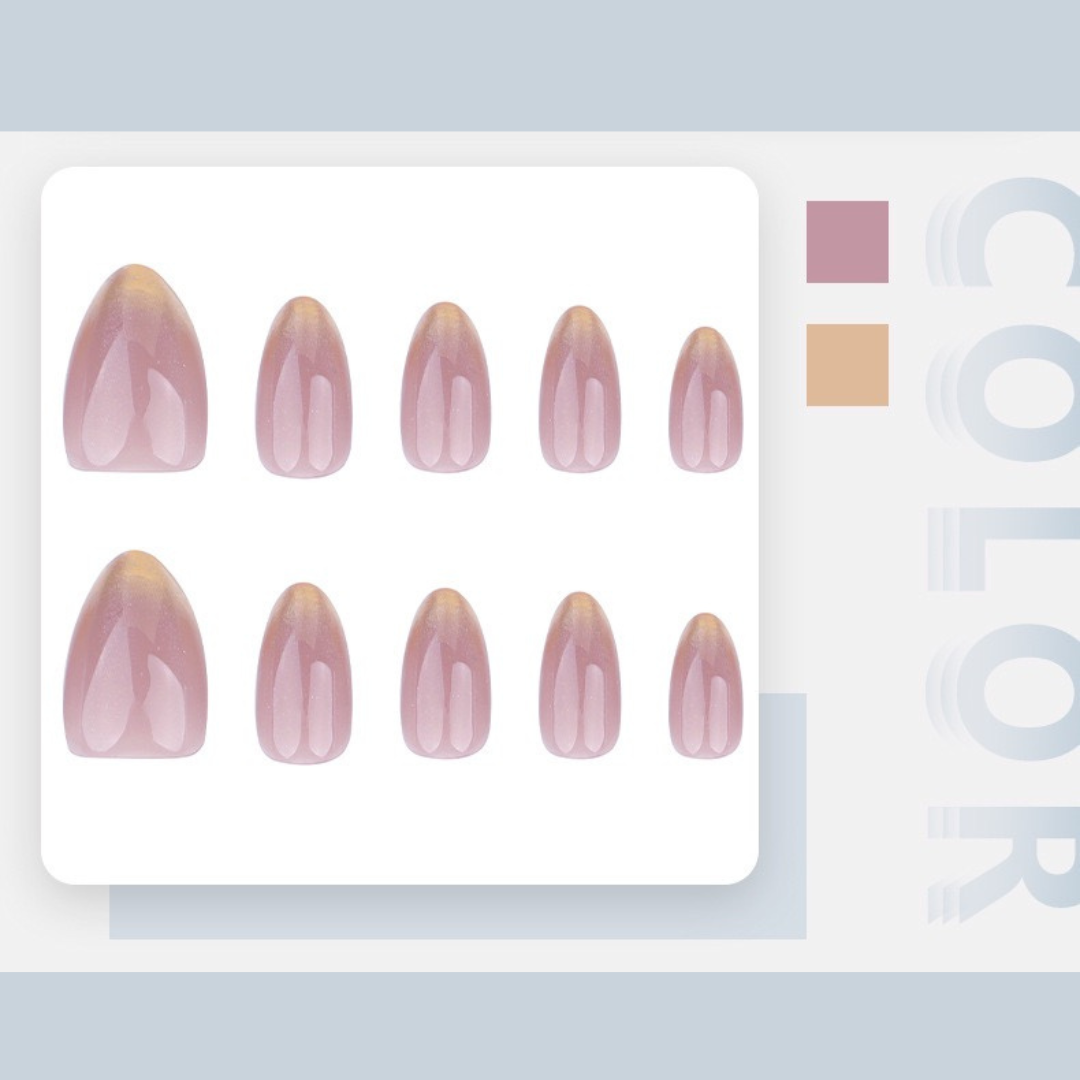 Set of pink gradient nail designs on a display card with color swatches.