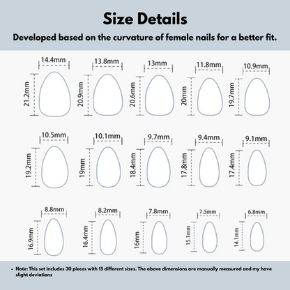 Chart showing dimensions of oval-shaped objects with measurements in millimeters.